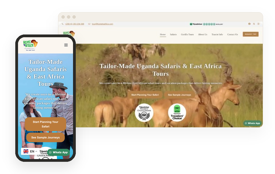 Home to Africa tour operator website homepage, designed by Tour Operator Sites